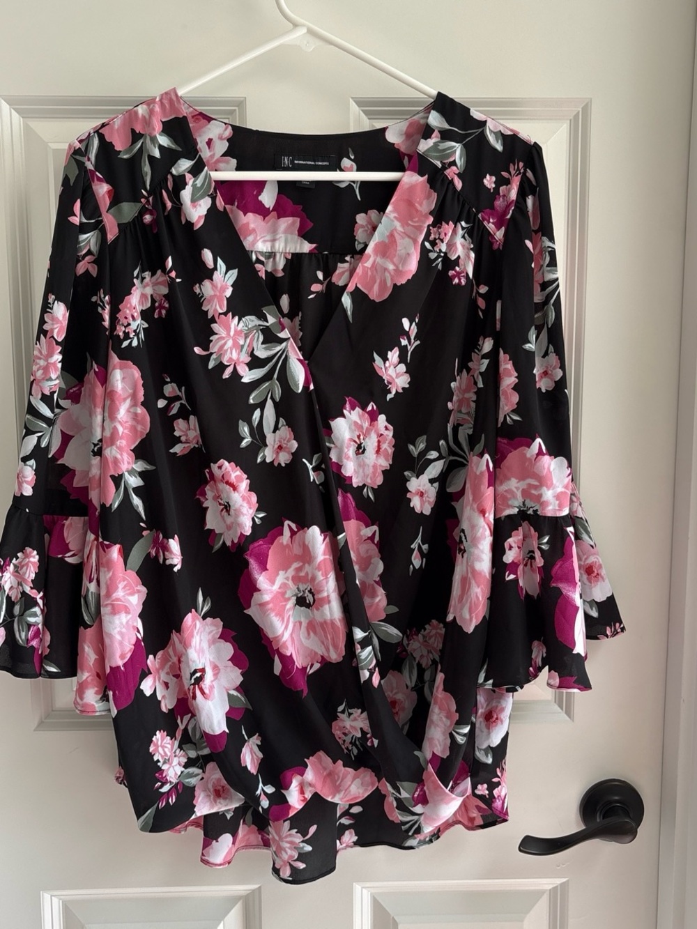 INC International Concepts Black Floral Wrap Blouse with Pink Blooms